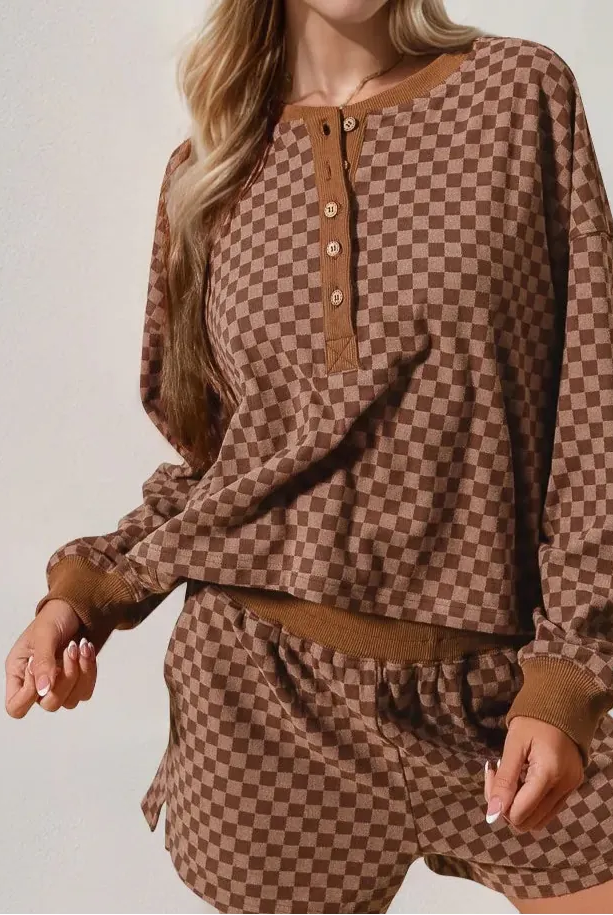 Double Take Checkered Half Button Top and Shorts Set-2 Piece Outfit Sets-Krush Kandy, Women's Online Fashion Boutique Located in Phoenix, Arizona (Scottsdale Area)