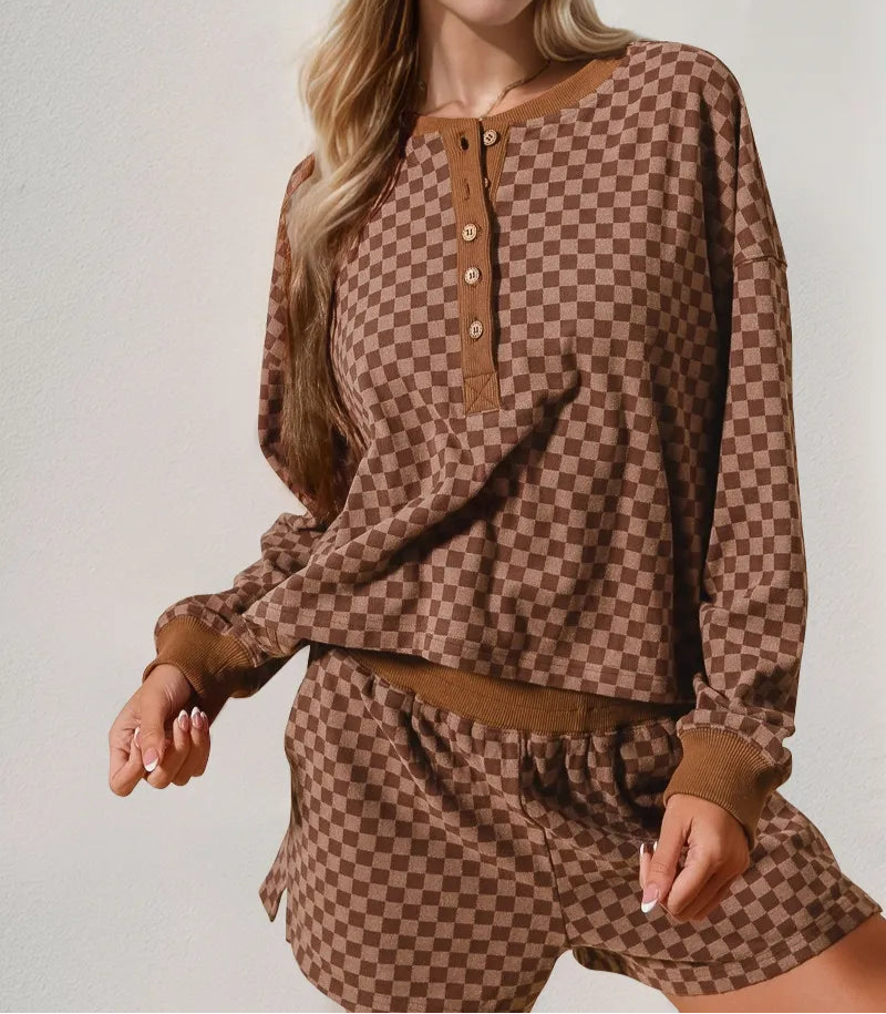 Double Take Checkered Half Button Top and Shorts Set-2 Piece Outfit Sets-Krush Kandy, Women's Online Fashion Boutique Located in Phoenix, Arizona (Scottsdale Area)