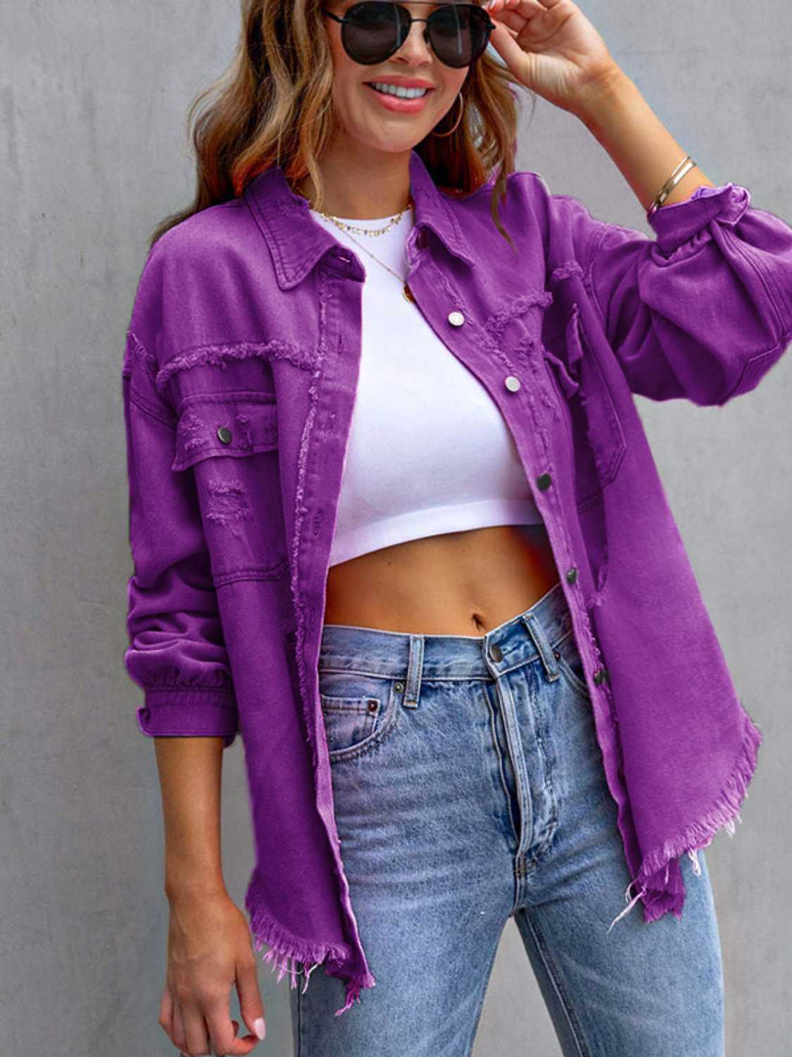 Distressed Drop Shoulder Denim Jacket-Krush Kandy, Women's Online Fashion Boutique Located in Phoenix, Arizona (Scottsdale Area)