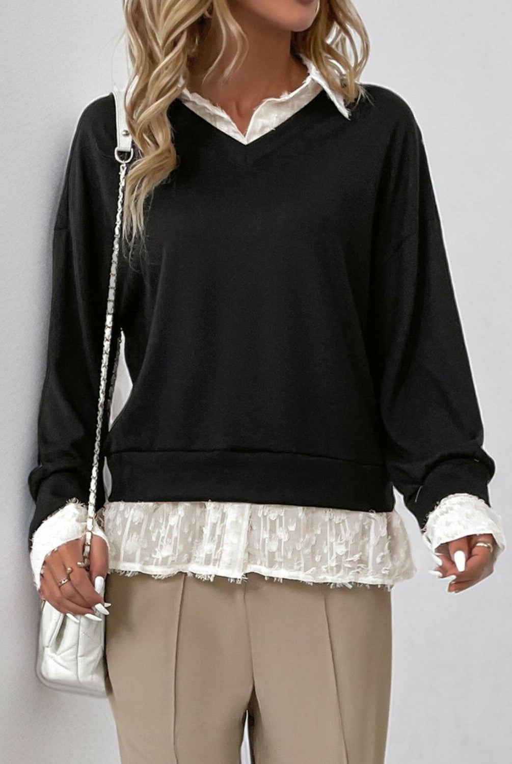 Perfee Faux Layered Contrast Long Sleeve Sweatshirt-Krush Kandy, Women's Online Fashion Boutique Located in Phoenix, Arizona (Scottsdale Area)