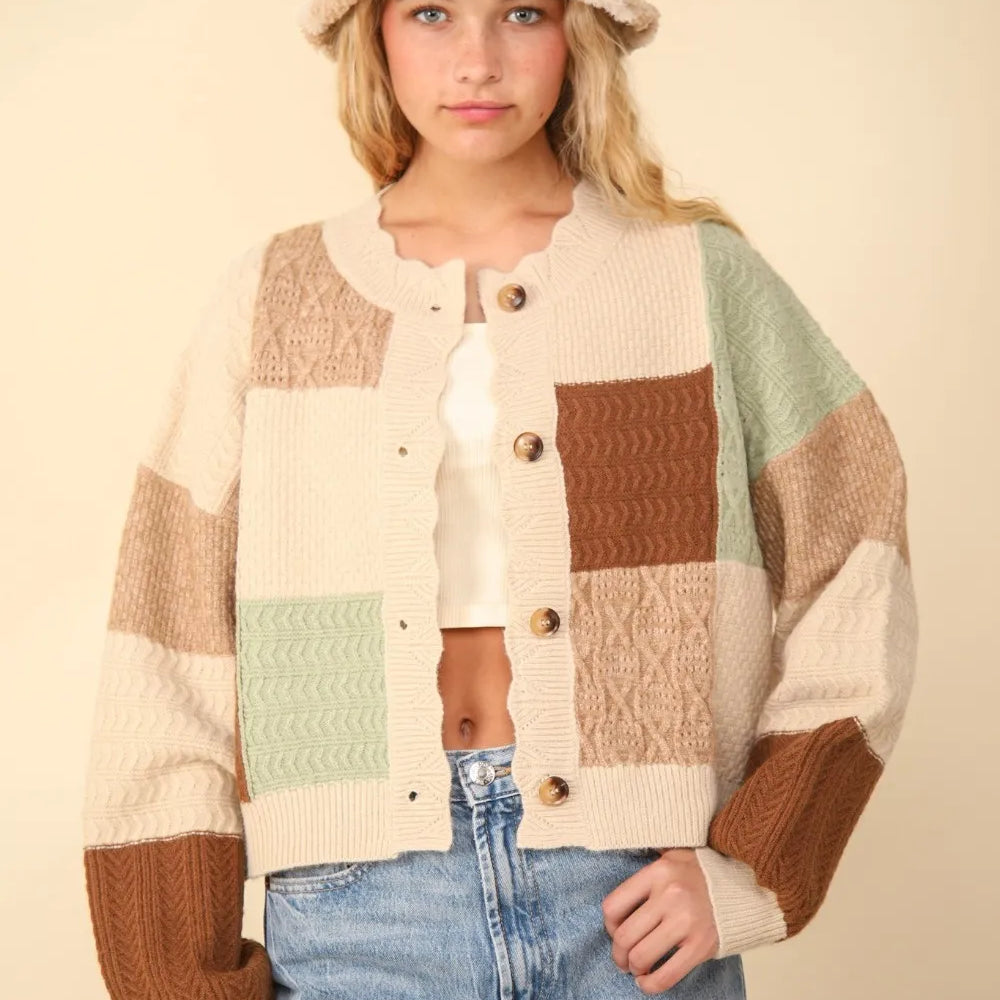 VERY J Color Block Button Down Textured Sweater Cardigan-Cardigans-Krush Kandy, Women's Online Fashion Boutique Located in Phoenix, Arizona (Scottsdale Area)