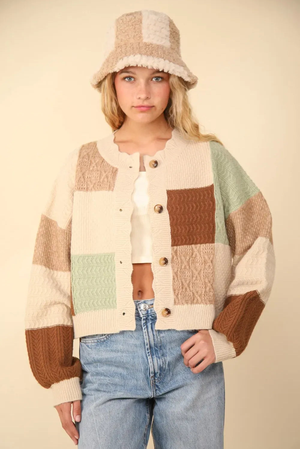 VERY J Color Block Button Down Textured Sweater Cardigan-Cardigans-Krush Kandy, Women's Online Fashion Boutique Located in Phoenix, Arizona (Scottsdale Area)