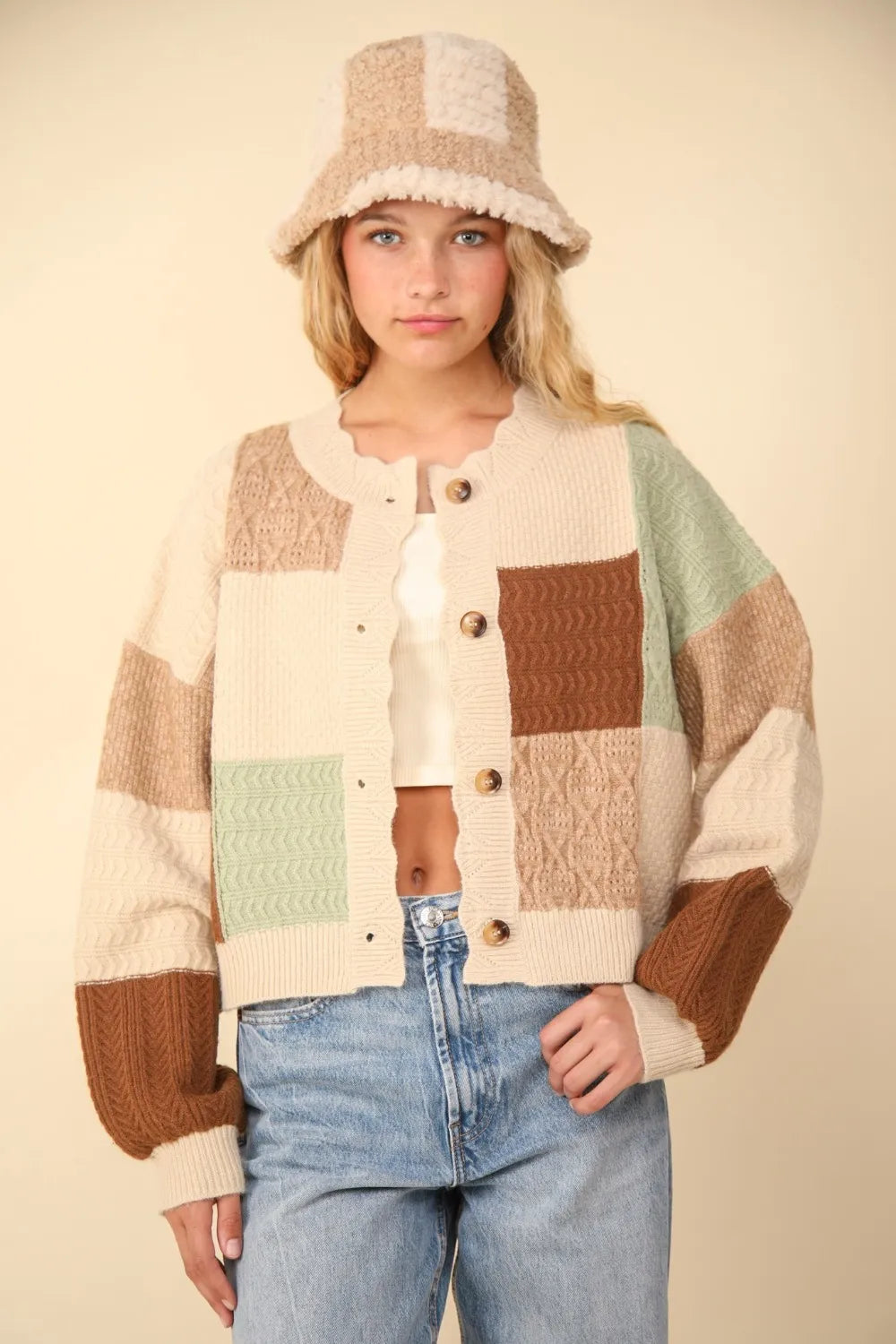 VERY J Color Block Button Down Textured Sweater Cardigan-Cardigans-Krush Kandy, Women's Online Fashion Boutique Located in Phoenix, Arizona (Scottsdale Area)