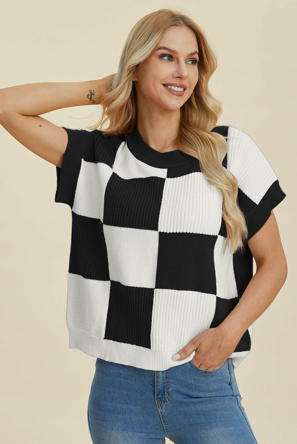 Double Take Full Size Checkered Round Neck Short Sleeve Sweater-Tops-Krush Kandy, Women's Online Fashion Boutique Located in Phoenix, Arizona (Scottsdale Area)