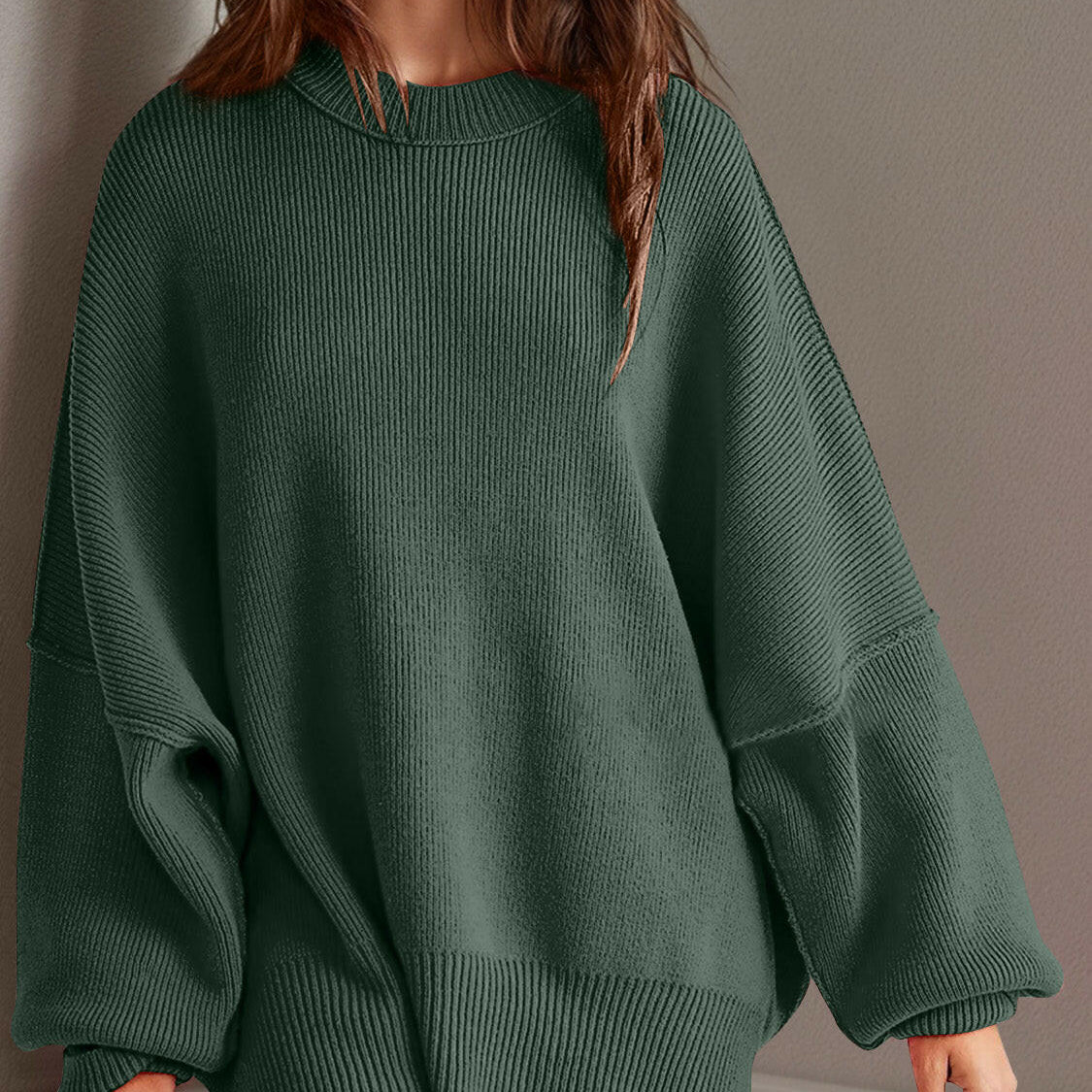 Double Take Side Slit Round Neck Long Sleeve Sweater-Sweaters-Krush Kandy, Women's Online Fashion Boutique Located in Phoenix, Arizona (Scottsdale Area)
