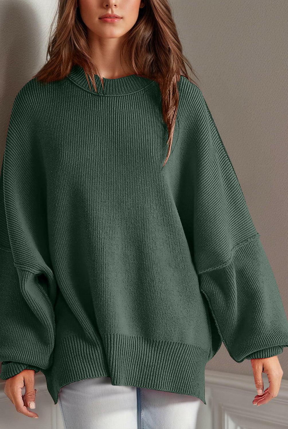 Double Take Side Slit Round Neck Long Sleeve Sweater-Sweaters-Krush Kandy, Women's Online Fashion Boutique Located in Phoenix, Arizona (Scottsdale Area)