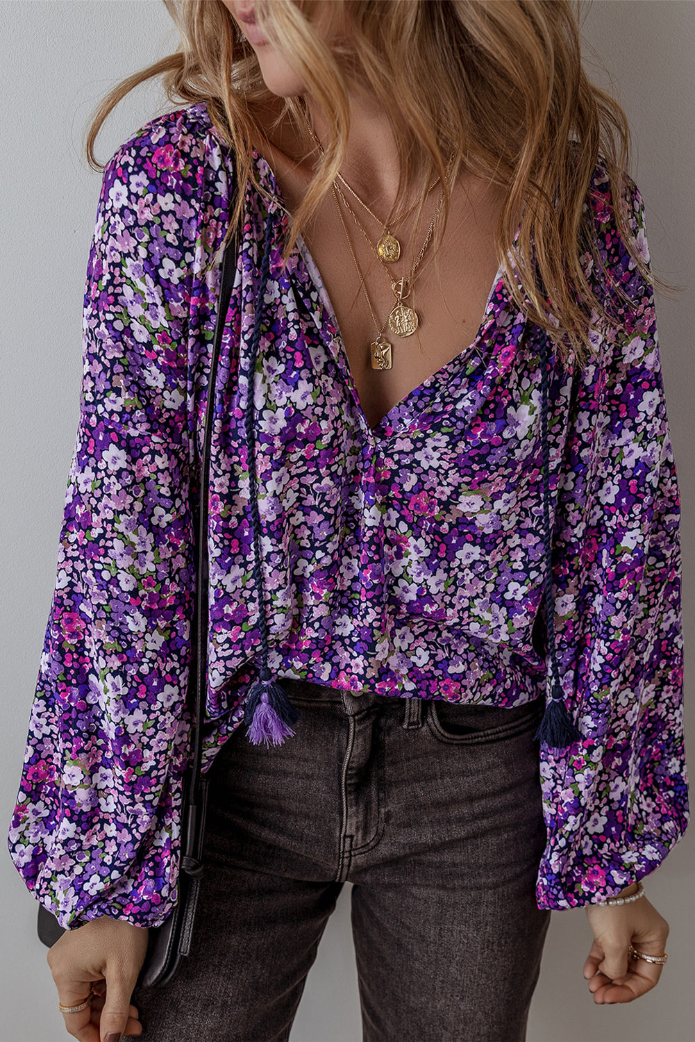 Purple Floral Tassel Tie-Front Blouse-Tops-Krush Kandy, Women's Online Fashion Boutique Located in Phoenix, Arizona (Scottsdale Area)