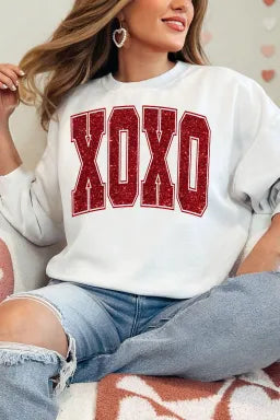 White Glitter XOXO Graphic Crewneck Valentines Pullover Sweatshirt-Krush Kandy, Women's Online Fashion Boutique Located in Phoenix, Arizona (Scottsdale Area)