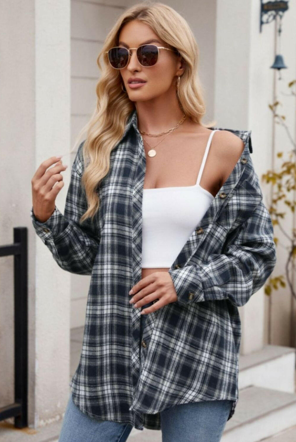 Mandy Pocketed Plaid Collared Neck Long Sleeve Shirt-Krush Kandy, Women's Online Fashion Boutique Located in Phoenix, Arizona (Scottsdale Area)
