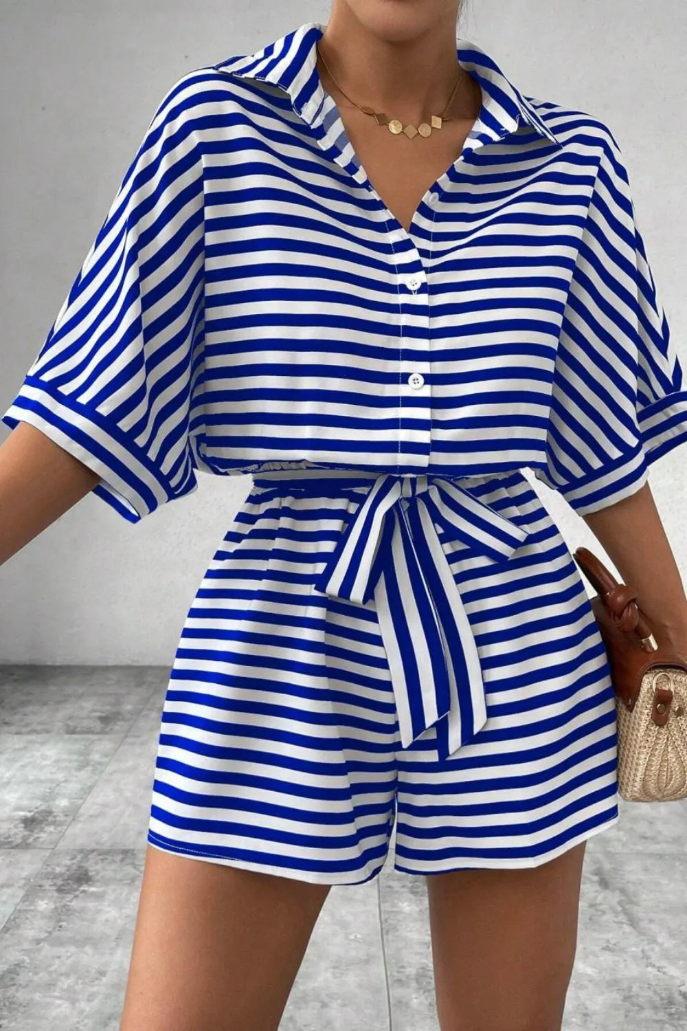 Striped Collared Neck Tie Waist Romper-Krush Kandy, Women's Online Fashion Boutique Located in Phoenix, Arizona (Scottsdale Area)