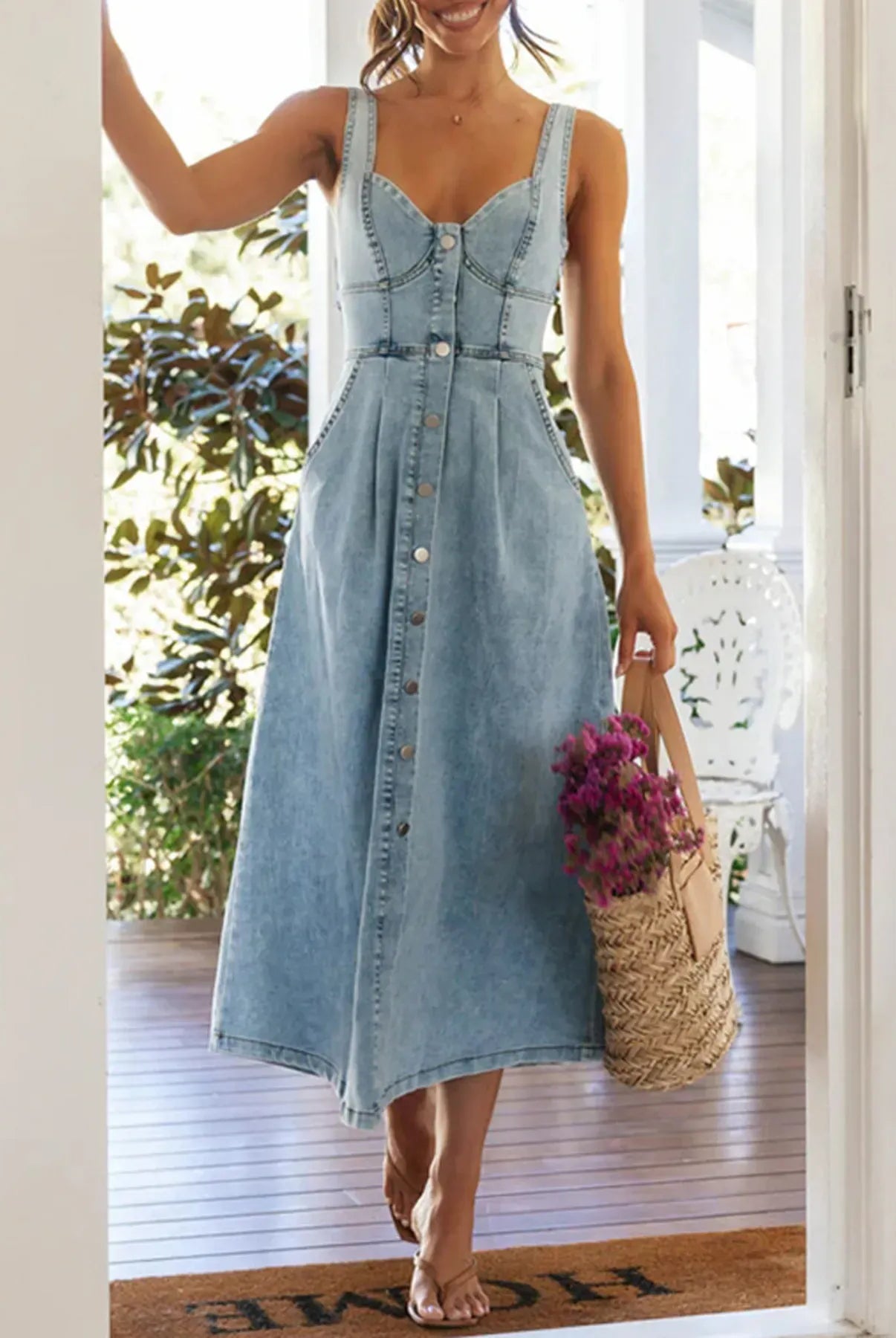 Sweetheart Neck Button-Front Midi Denim Dress-Krush Kandy, Women's Online Fashion Boutique Located in Phoenix, Arizona (Scottsdale Area)