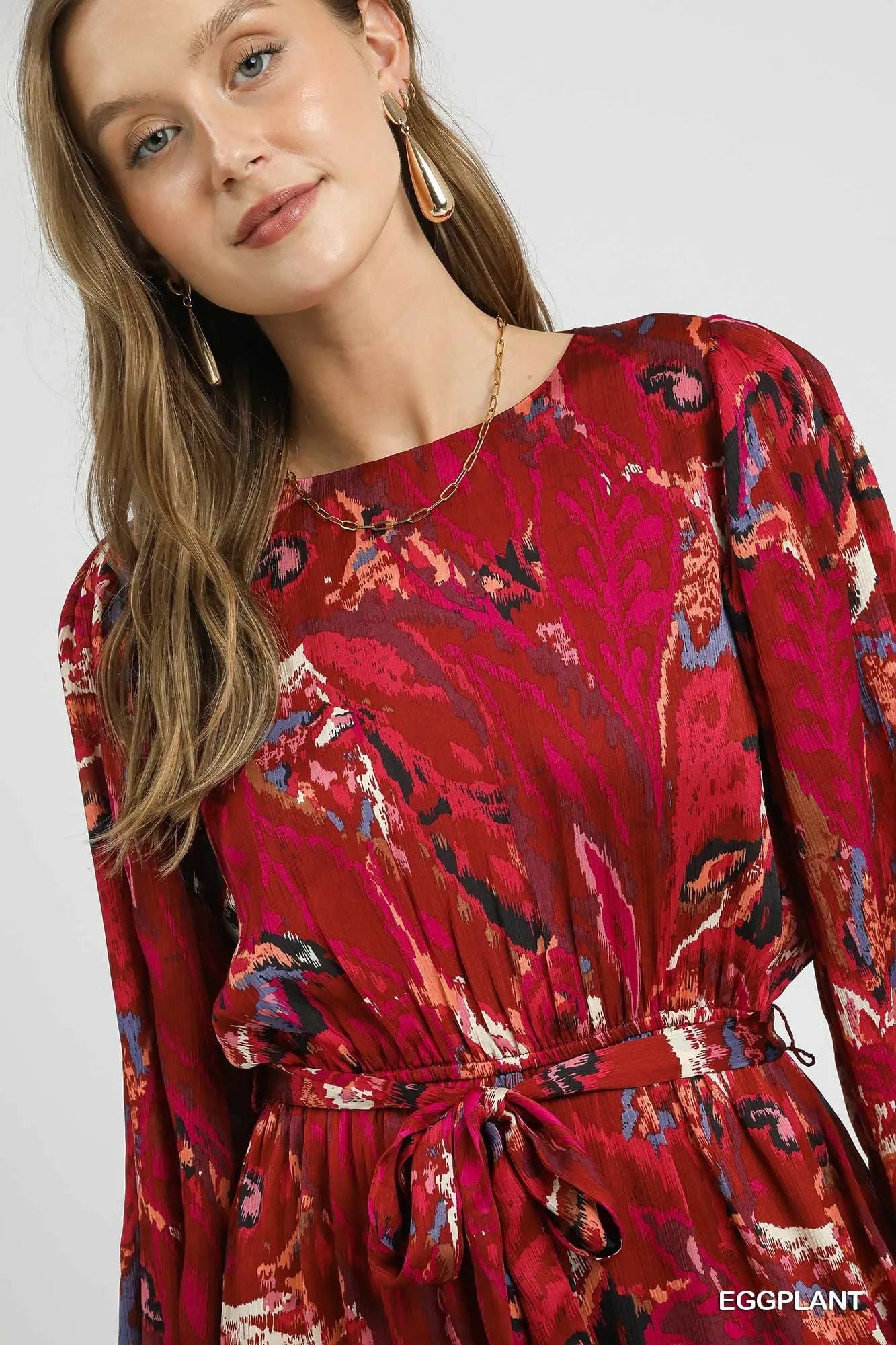 Umgee Ruffled Hem Printed Balloon Sleeve Dress-Dresses-Krush Kandy, Women's Online Fashion Boutique Located in Phoenix, Arizona (Scottsdale Area)