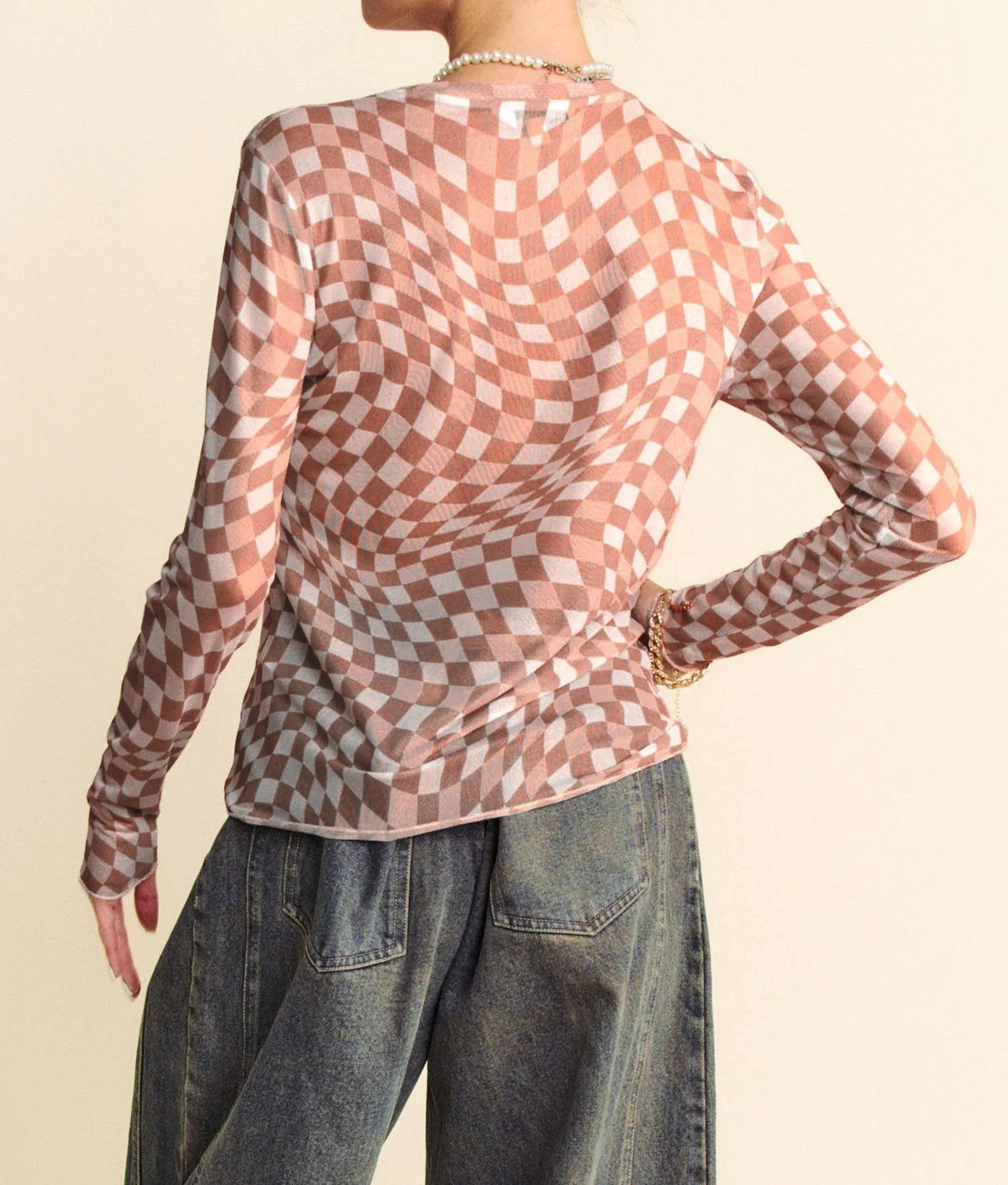 Davi & Dani Checker Board Mesh Long Sleeve Layering Top-tops-Krush Kandy, Women's Online Fashion Boutique Located in Phoenix, Arizona (Scottsdale Area)