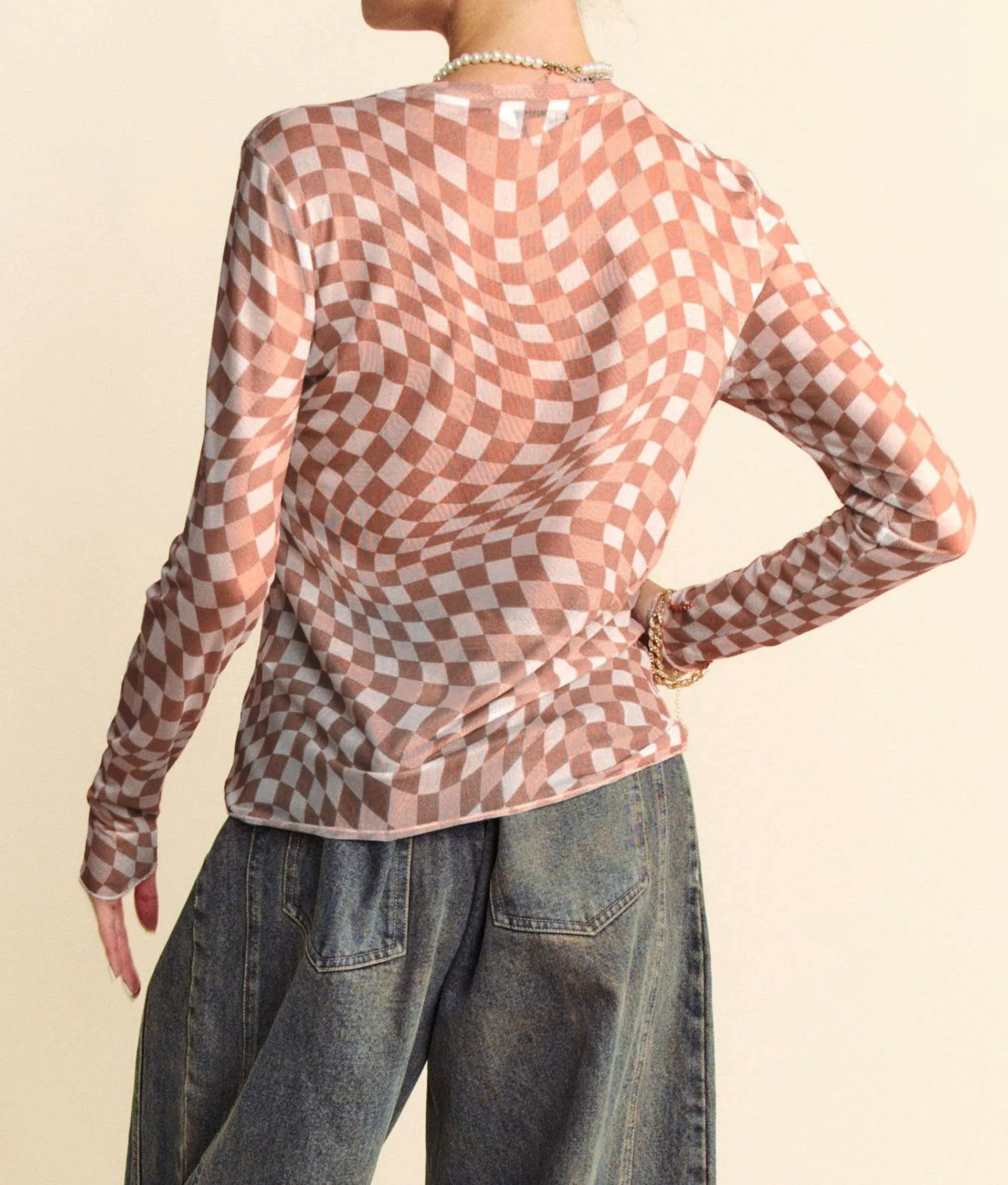 Davi & Dani Checker Board Mesh Long Sleeve Layering Top-tops-Krush Kandy, Women's Online Fashion Boutique Located in Phoenix, Arizona (Scottsdale Area)