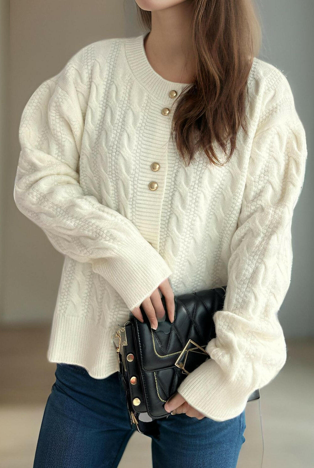 Cable-Knit Round Neck Long Sleeve Cardigan-Cardigans-Krush Kandy, Women's Online Fashion Boutique Located in Phoenix, Arizona (Scottsdale Area)