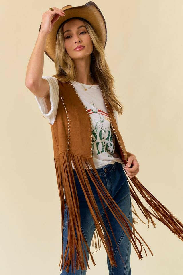 Studded Long Fringe Faux Suede Vest-Vests-Krush Kandy, Women's Online Fashion Boutique Located in Phoenix, Arizona (Scottsdale Area)