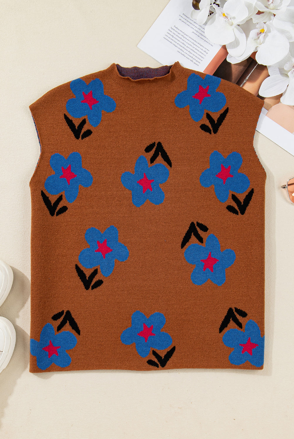 Chestnut Floral Knit Sleeveless Top-Tops-Krush Kandy, Women's Online Fashion Boutique Located in Phoenix, Arizona (Scottsdale Area)