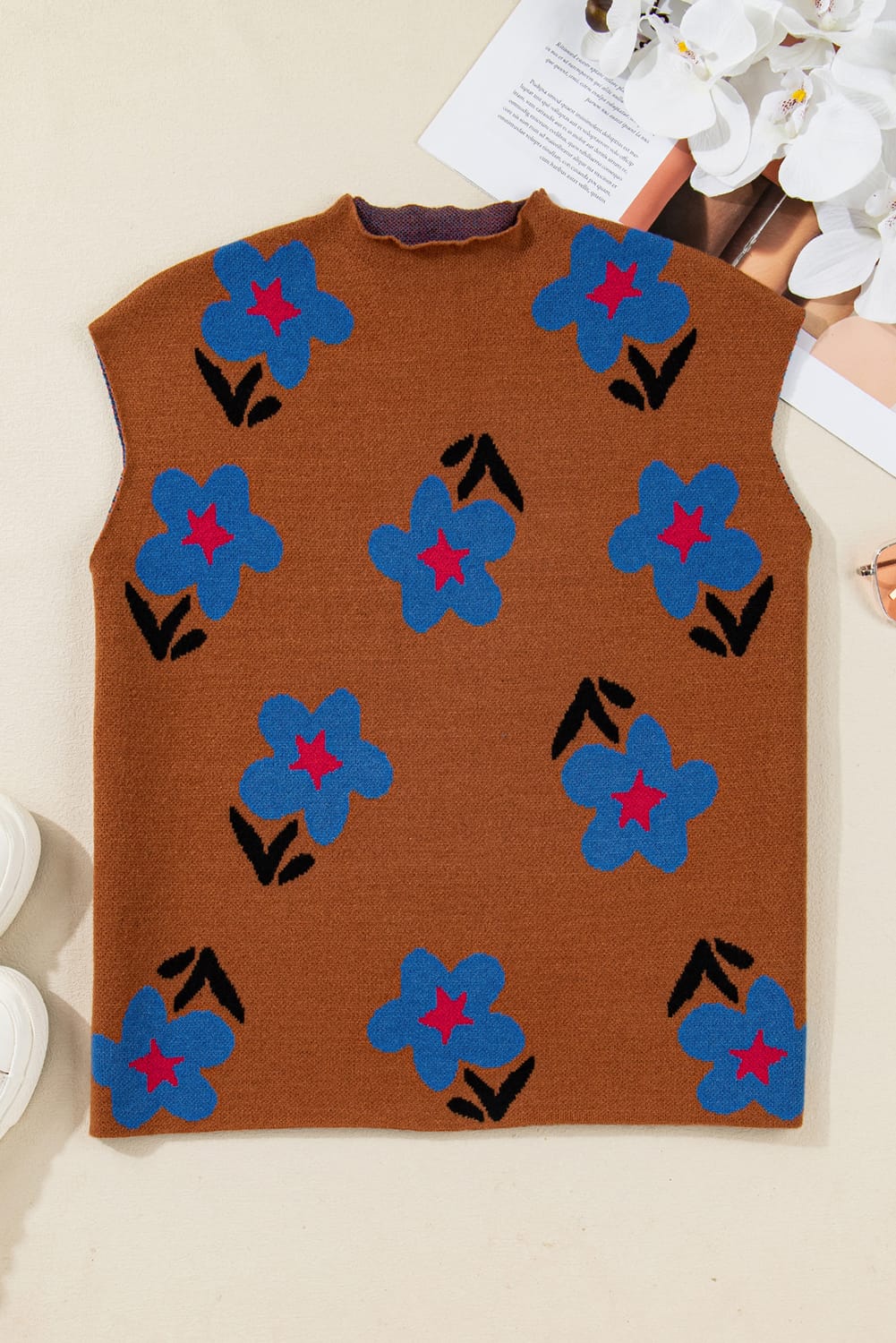 Chestnut Floral Knit Sleeveless Top-Tops-Krush Kandy, Women's Online Fashion Boutique Located in Phoenix, Arizona (Scottsdale Area)