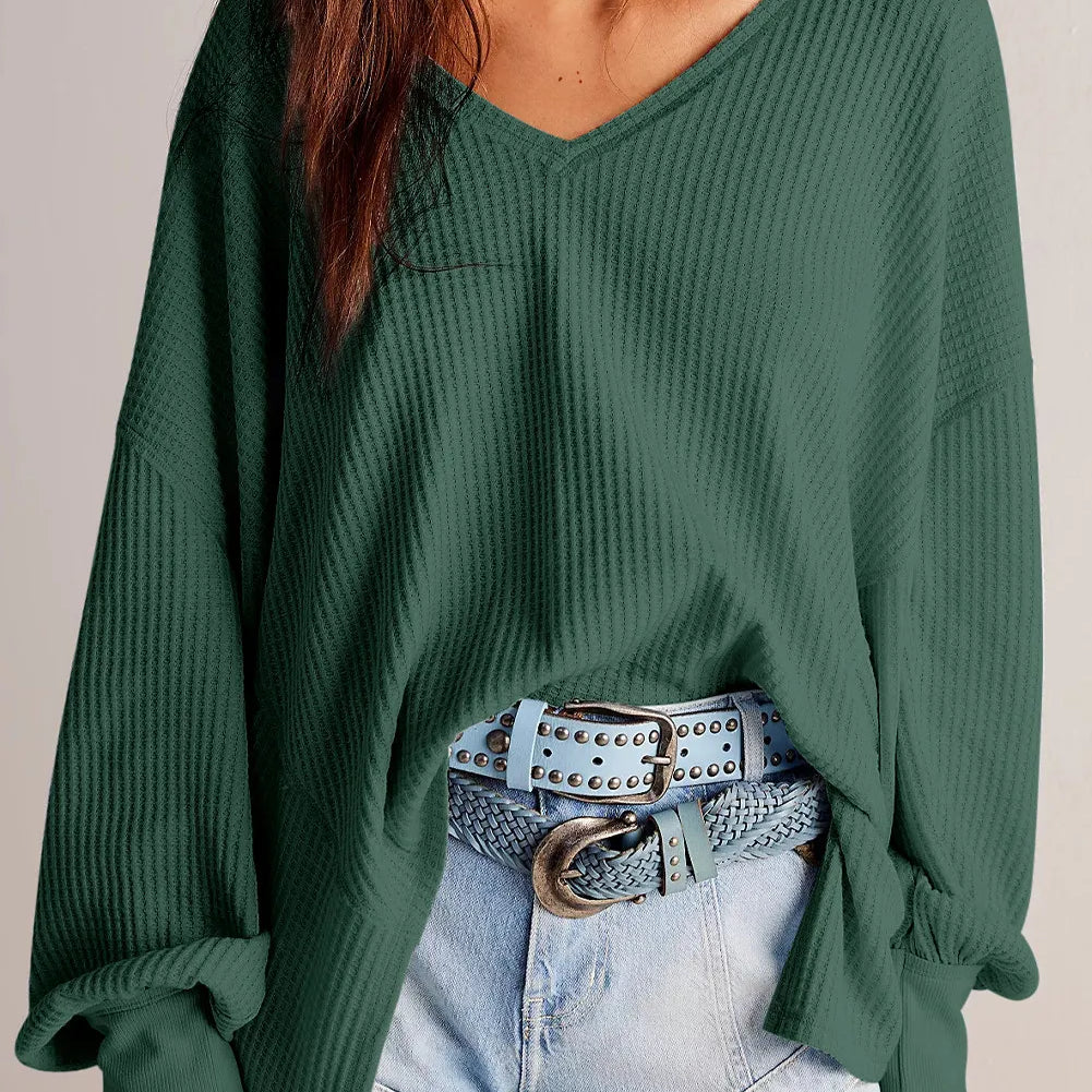 Waffle-Knit V-Neck Long Sleeve Top-Long Sleeve Tops-Krush Kandy, Women's Online Fashion Boutique Located in Phoenix, Arizona (Scottsdale Area)