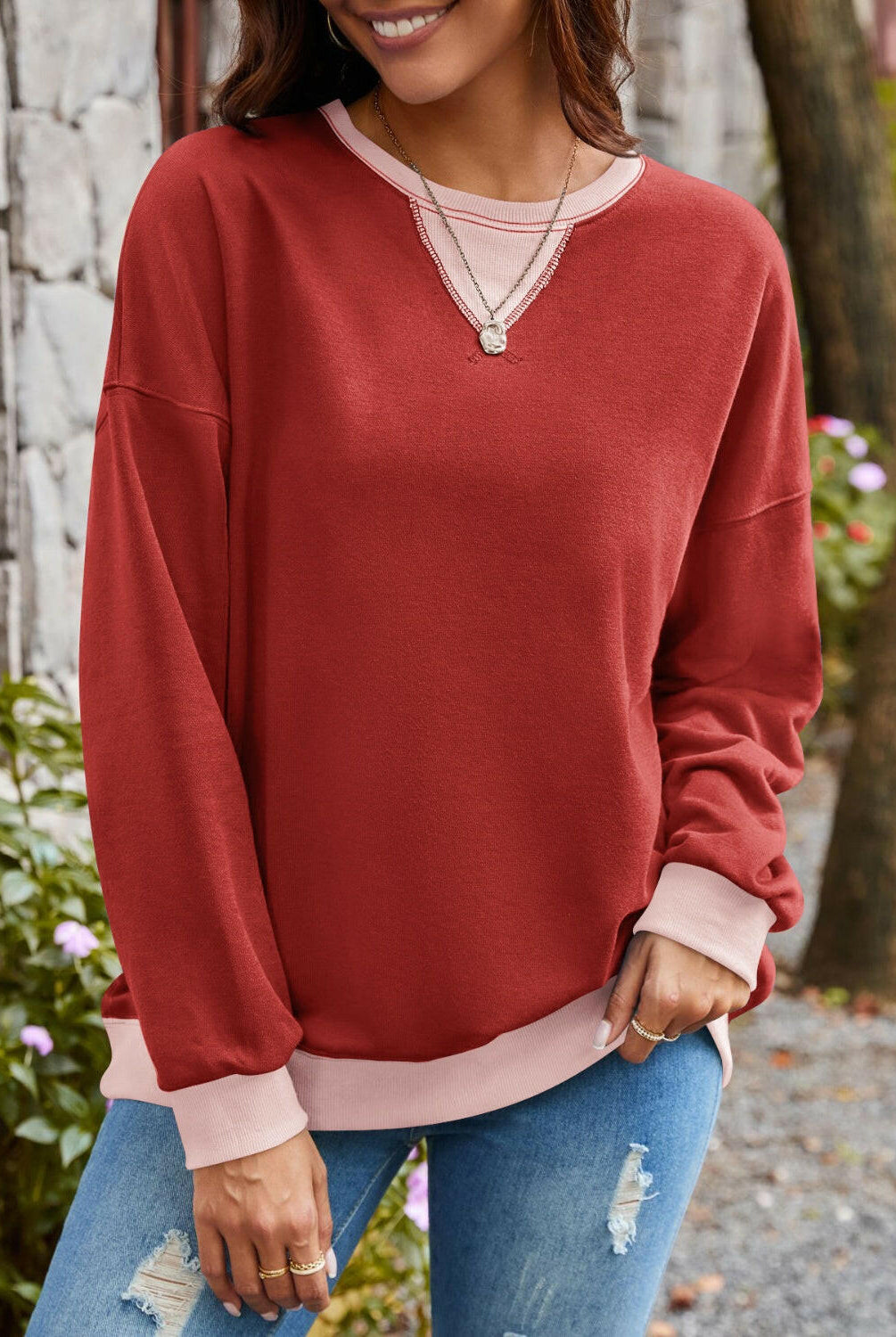 Lovelet Contrast Round Neck Long Sleeve Sweatshirt-Krush Kandy, Women's Online Fashion Boutique Located in Phoenix, Arizona (Scottsdale Area)