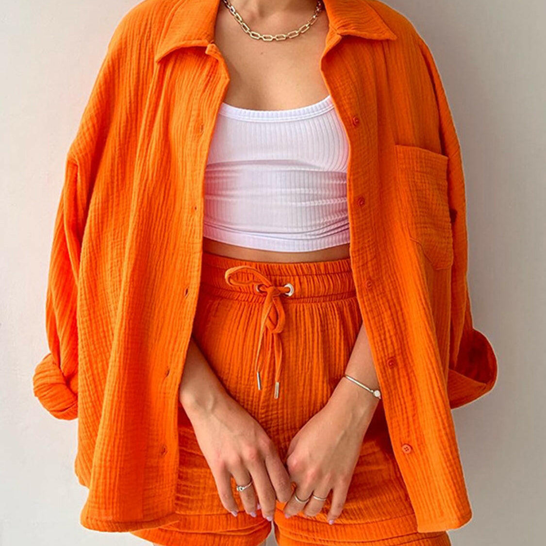 Kinsley Texture Button-Up Shirt and Drawstring Shorts Set-Krush Kandy, Women's Online Fashion Boutique Located in Phoenix, Arizona (Scottsdale Area)