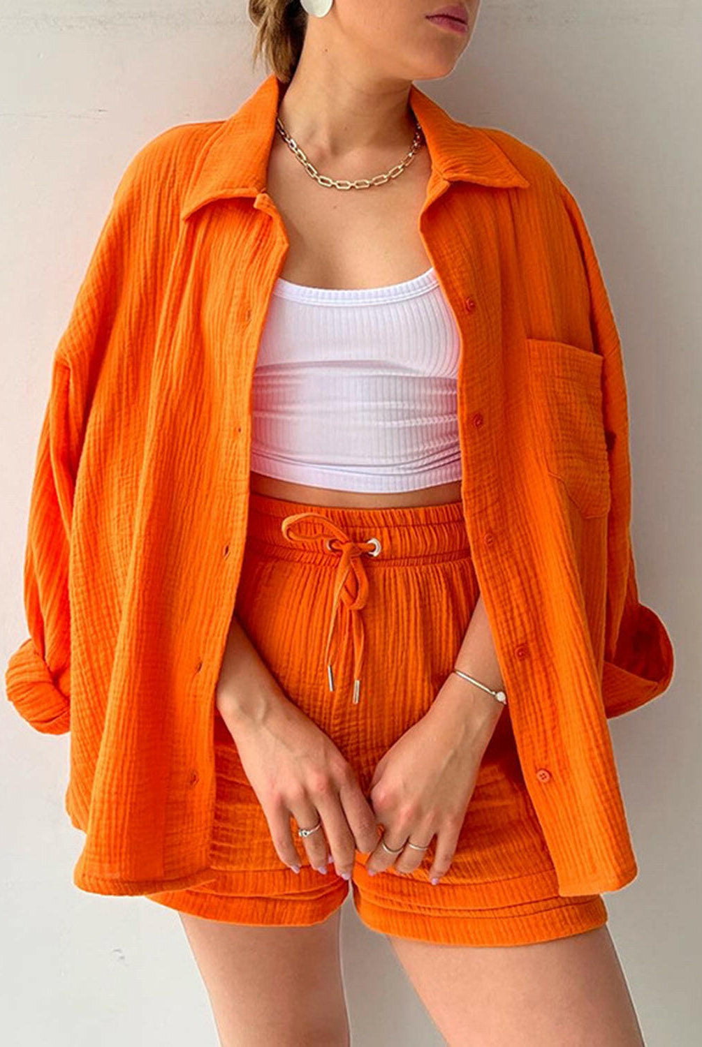 Kinsley Texture Button-Up Shirt and Drawstring Shorts Set-Krush Kandy, Women's Online Fashion Boutique Located in Phoenix, Arizona (Scottsdale Area)