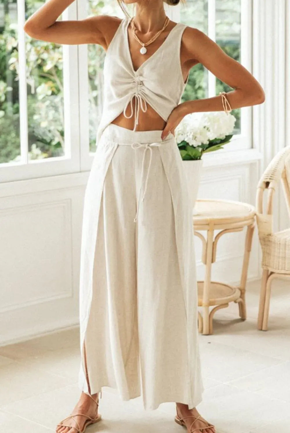 Drawstring V-Neck Tank and Pants Set-2 Piece Outfit Sets-Krush Kandy, Women's Online Fashion Boutique Located in Phoenix, Arizona (Scottsdale Area)