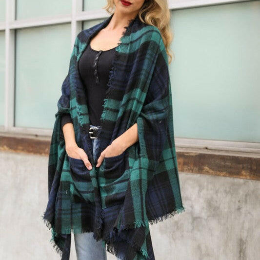 Classic Plaid Pocket Ruana Cardigan-Cardigans-Krush Kandy, Women's Online Fashion Boutique Located in Phoenix, Arizona (Scottsdale Area)