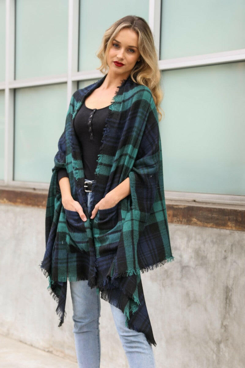 Classic Plaid Pocket Ruana Cardigan-Cardigans-Krush Kandy, Women's Online Fashion Boutique Located in Phoenix, Arizona (Scottsdale Area)