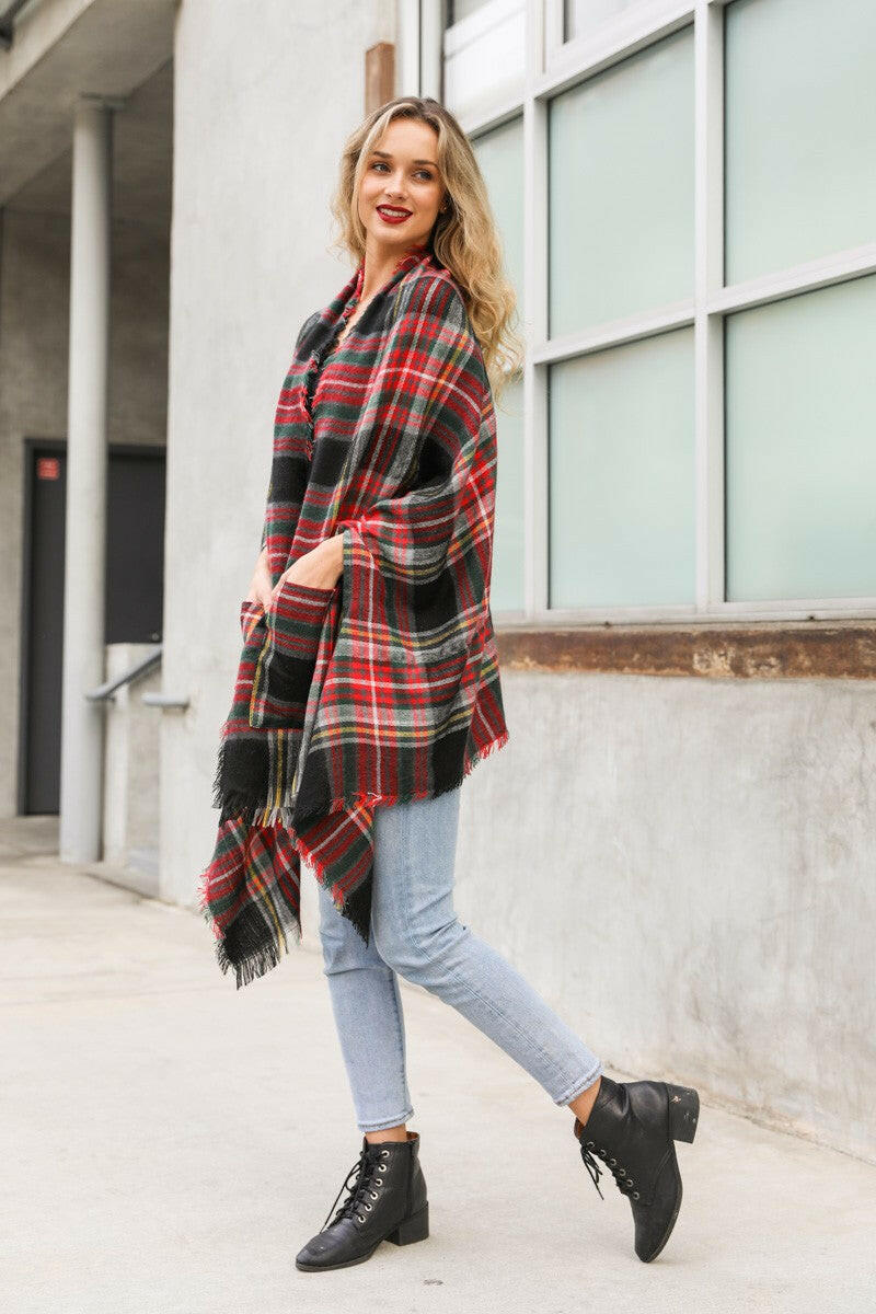 Classic Plaid Pocket Ruana Cardigan-Cardigans-Krush Kandy, Women's Online Fashion Boutique Located in Phoenix, Arizona (Scottsdale Area)