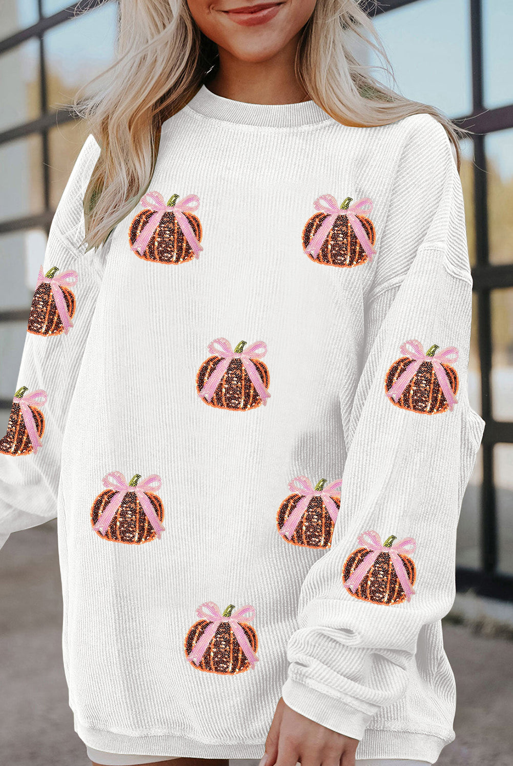 Pink Bow Pumpkin Sequin Sweatshirt-Sweaters-Krush Kandy, Women's Online Fashion Boutique Located in Phoenix, Arizona (Scottsdale Area)