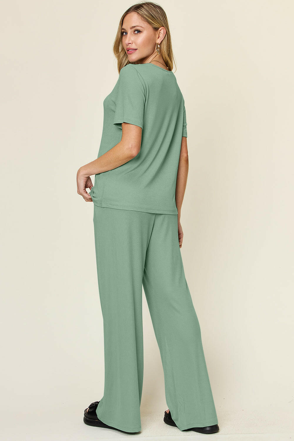 Double Take Full Size Round Neck Short Sleeve T-Shirt and Wide Leg Pants Set-Krush Kandy, Women's Online Fashion Boutique Located in Phoenix, Arizona (Scottsdale Area)