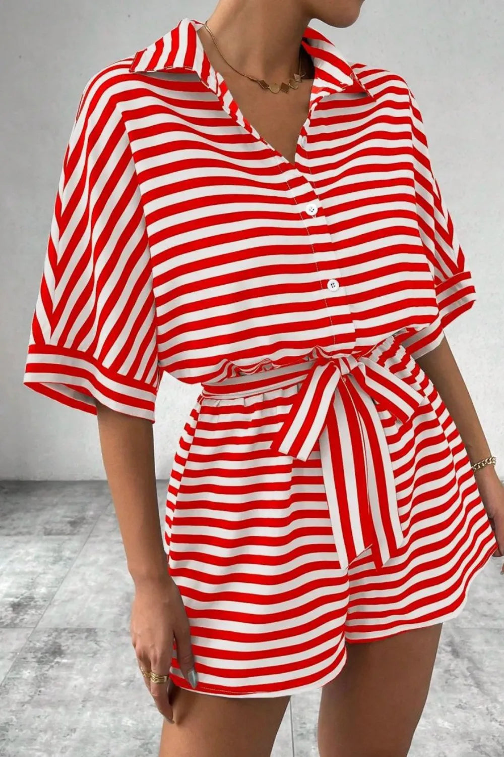 Striped Collared Neck Tie Waist Romper-Krush Kandy, Women's Online Fashion Boutique Located in Phoenix, Arizona (Scottsdale Area)