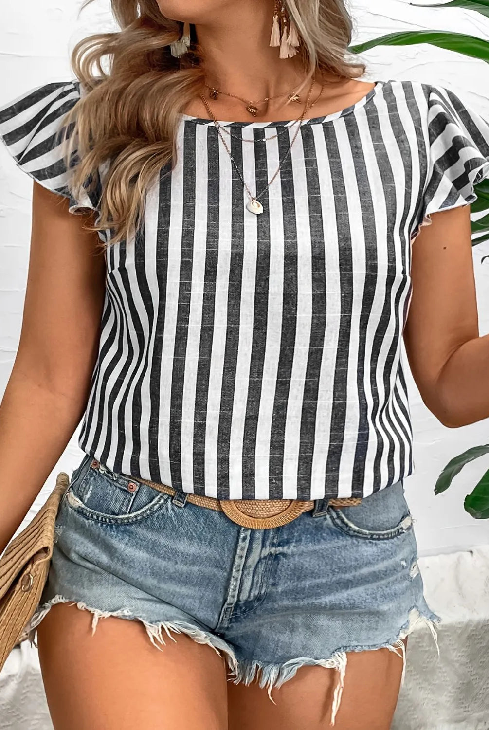 Ruffled Striped Round Neck Cap Sleeve Blouse-Blouses-Krush Kandy, Women's Online Fashion Boutique Located in Phoenix, Arizona (Scottsdale Area)