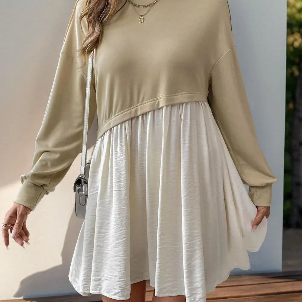 Perfee Contrast Round Neck Long Sleeve Mini Dress-Dresses-Krush Kandy, Women's Online Fashion Boutique Located in Phoenix, Arizona (Scottsdale Area)