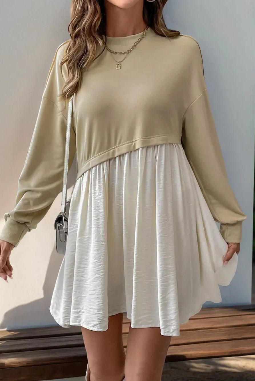 Perfee Contrast Round Neck Long Sleeve Mini Dress-Dresses-Krush Kandy, Women's Online Fashion Boutique Located in Phoenix, Arizona (Scottsdale Area)