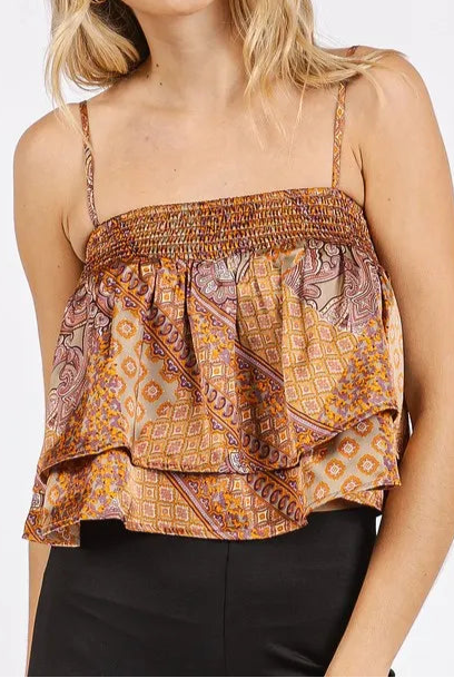 Mittoshop Paisley Patchwork Print Satin Ruffle Crop Cami-Tops-Krush Kandy, Women's Online Fashion Boutique Located in Phoenix, Arizona (Scottsdale Area)
