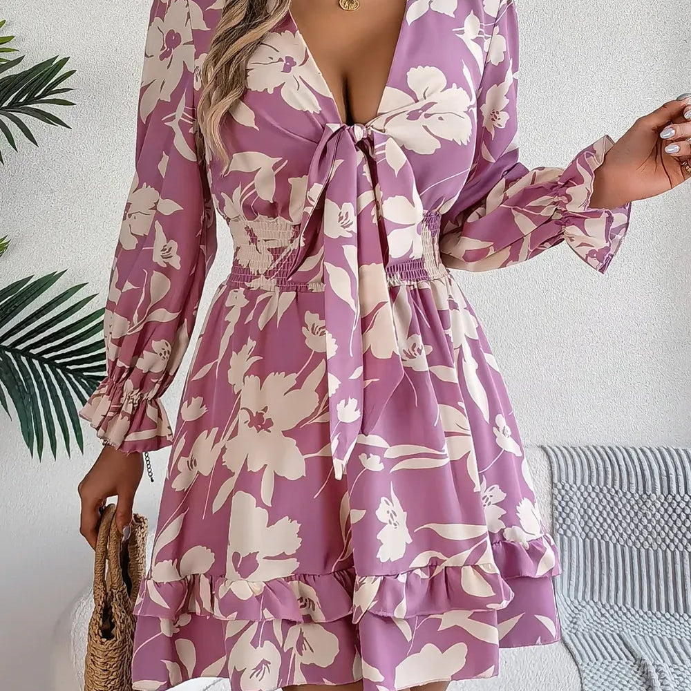 Tied Ruffled Printed Long Sleeve Dress-Krush Kandy, Women's Online Fashion Boutique Located in Phoenix, Arizona (Scottsdale Area)