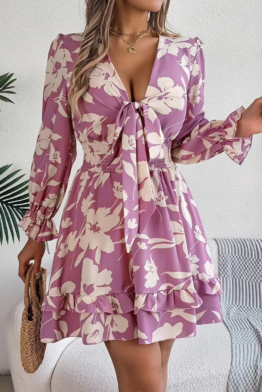 Tied Ruffled Printed Long Sleeve Dress-Krush Kandy, Women's Online Fashion Boutique Located in Phoenix, Arizona (Scottsdale Area)