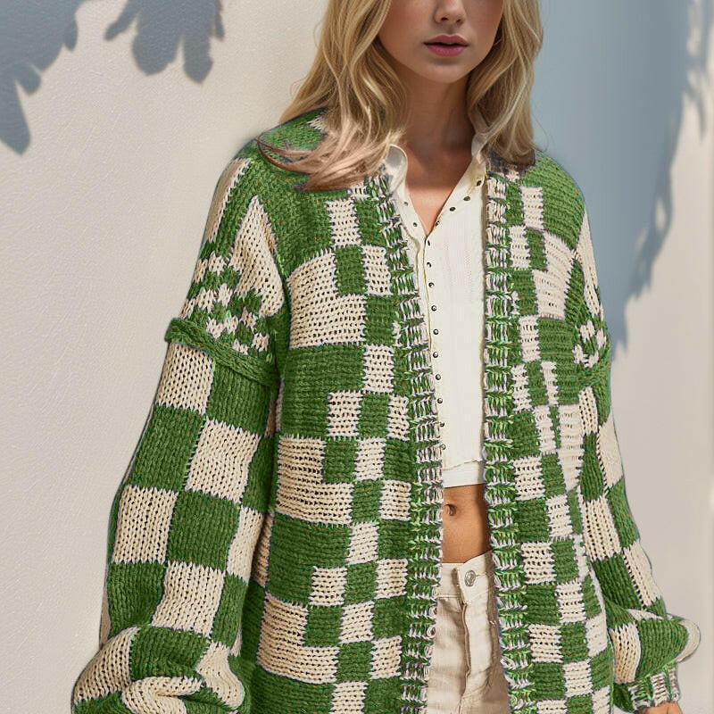 Double Take Full Size Open Front Checkered Drop Shoulder Cardigan-Krush Kandy, Women's Online Fashion Boutique Located in Phoenix, Arizona (Scottsdale Area)