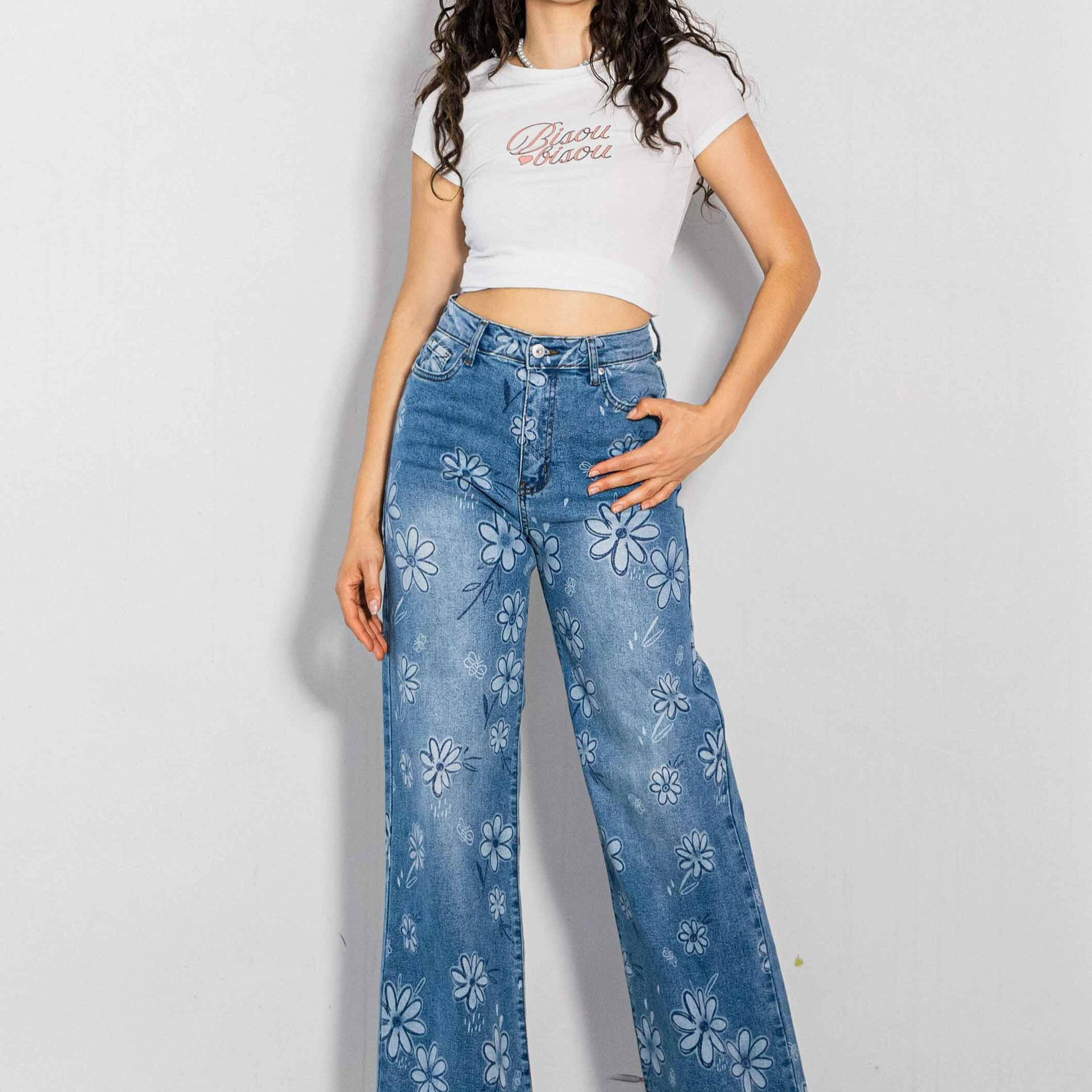 Flower Printed High-Rise Wideleg Jeans-Jeans-Krush Kandy, Women's Online Fashion Boutique Located in Phoenix, Arizona (Scottsdale Area)