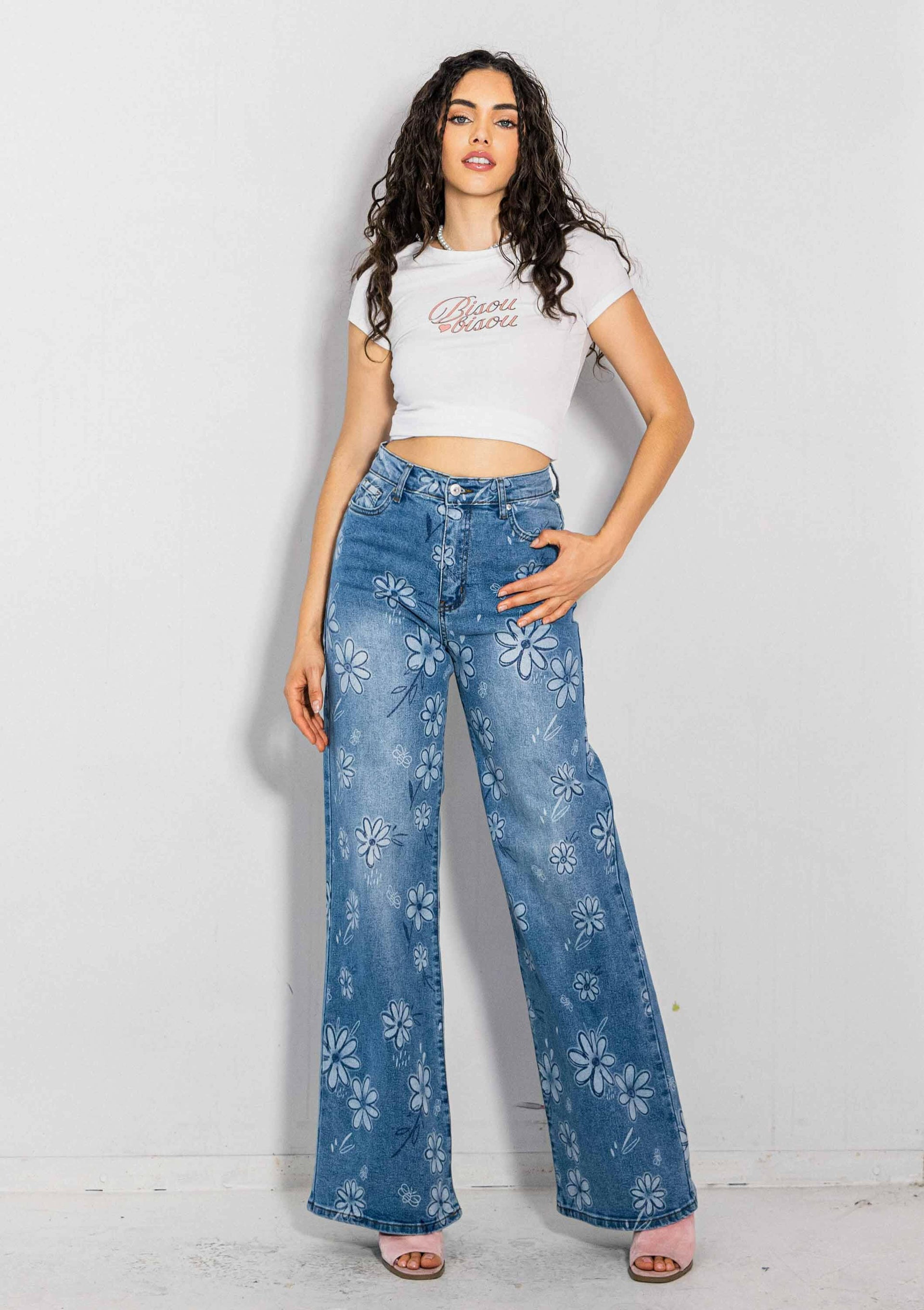 Flower Printed High-Rise Wideleg Jeans-Jeans-Krush Kandy, Women's Online Fashion Boutique Located in Phoenix, Arizona (Scottsdale Area)