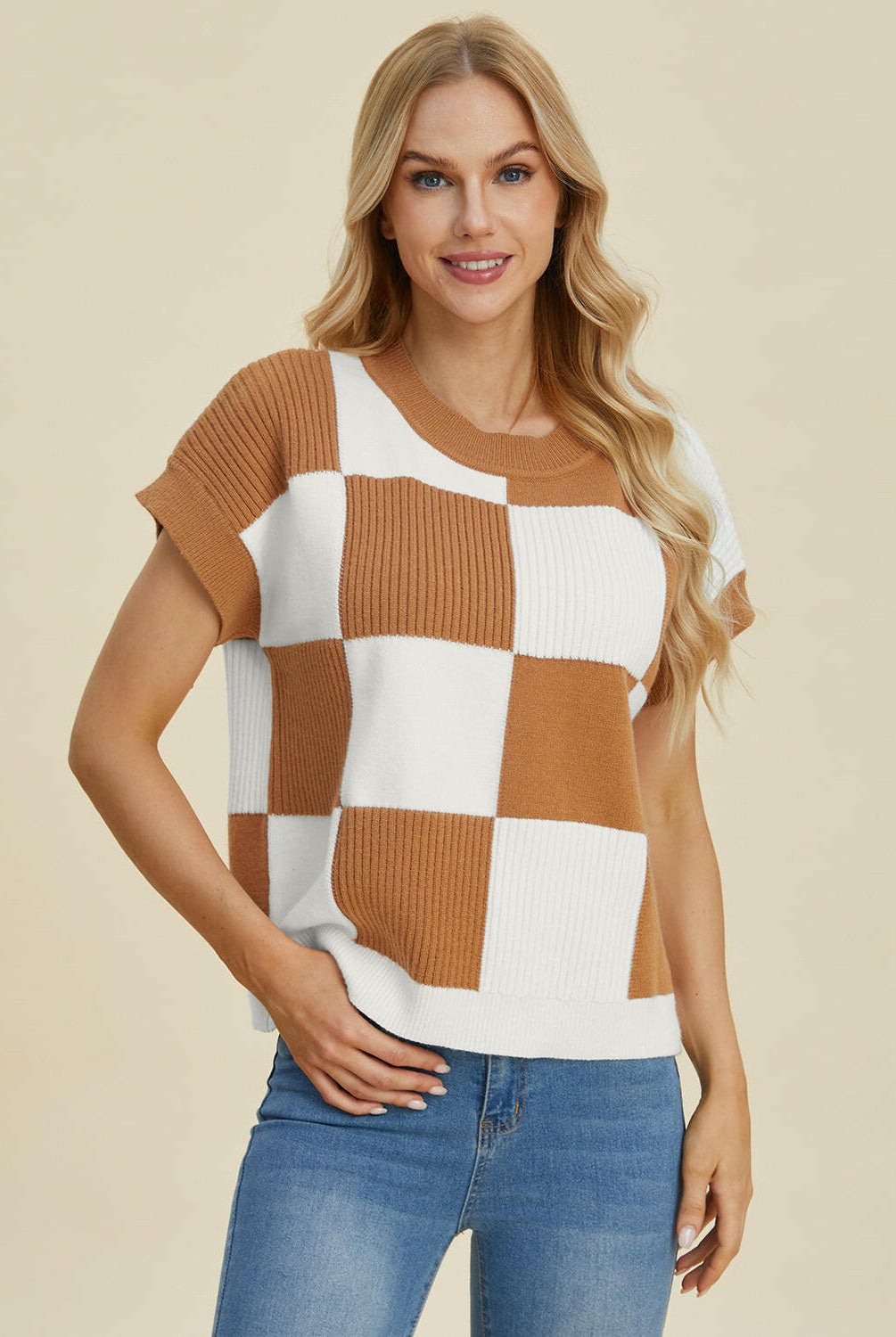 Double Take Full Size Checkered Round Neck Short Sleeve Sweater-Tops-Krush Kandy, Women's Online Fashion Boutique Located in Phoenix, Arizona (Scottsdale Area)