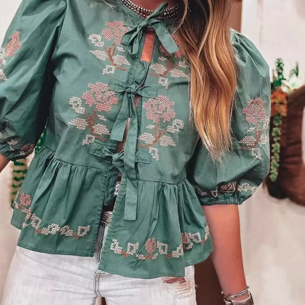 Tie Front Puff Sleeve Blouse-Blouses-Krush Kandy, Women's Online Fashion Boutique Located in Phoenix, Arizona (Scottsdale Area)
