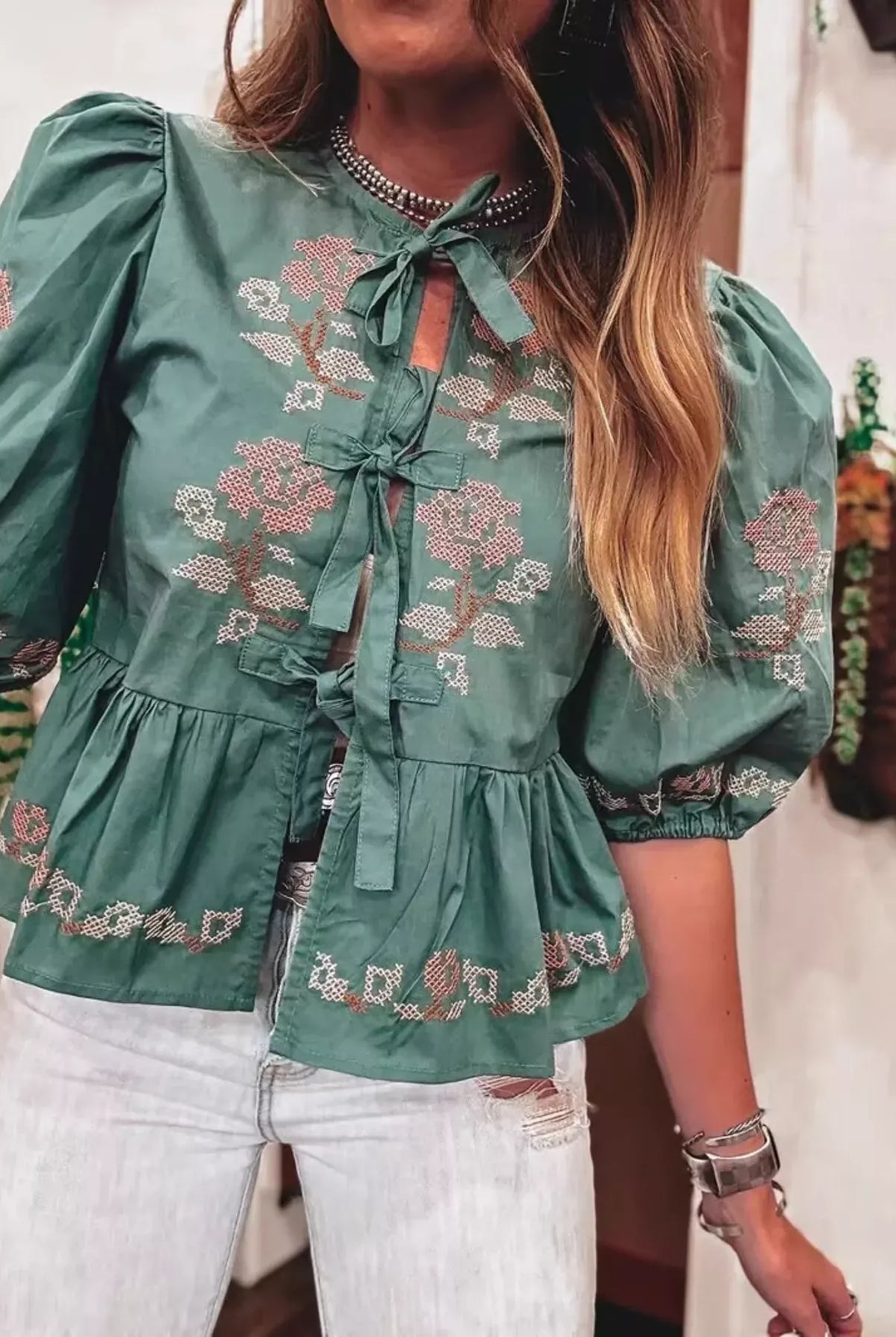 Tie Front Puff Sleeve Blouse-Blouses-Krush Kandy, Women's Online Fashion Boutique Located in Phoenix, Arizona (Scottsdale Area)