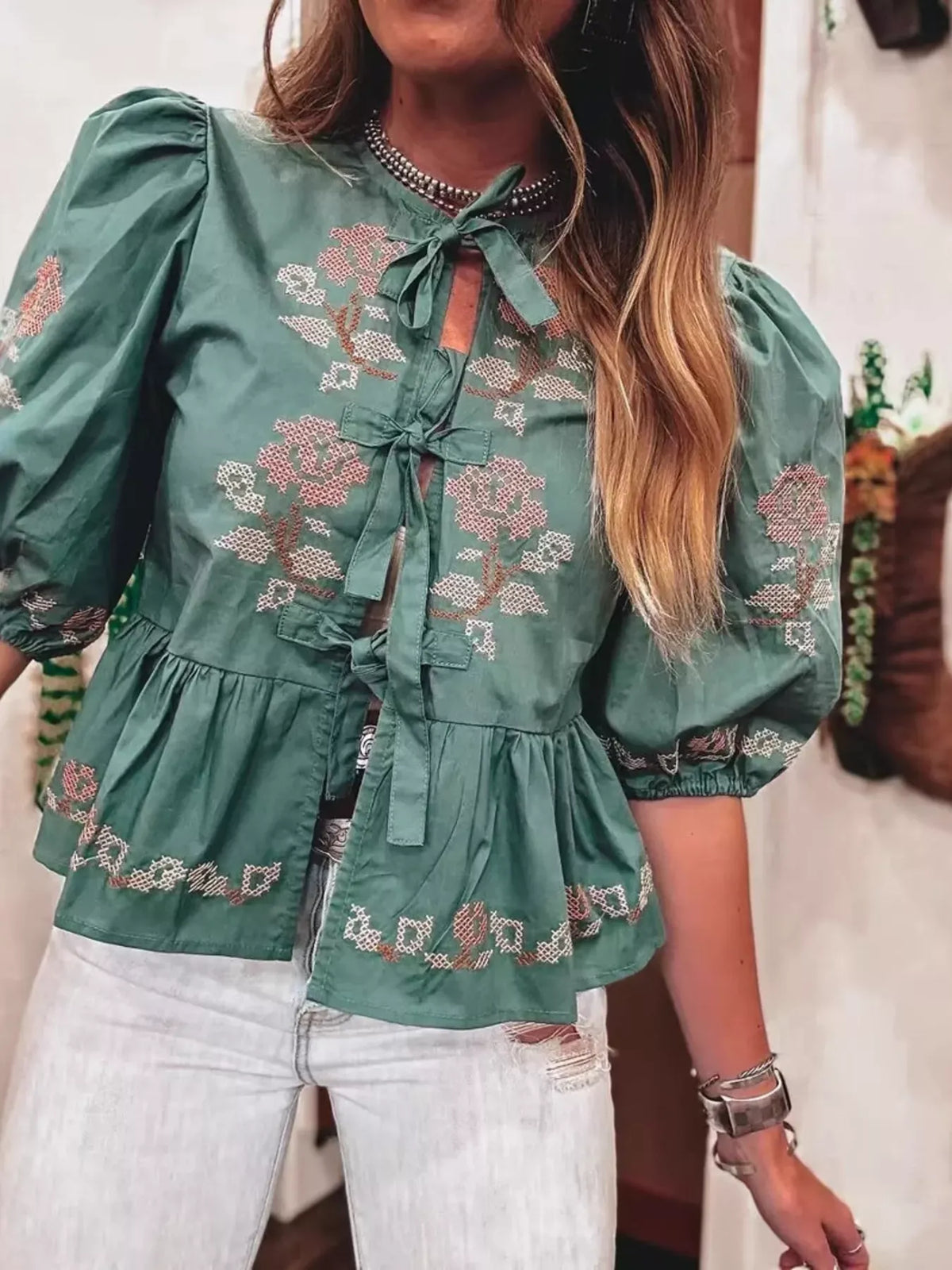 Tie Front Puff Sleeve Blouse-Blouses-Krush Kandy, Women's Online Fashion Boutique Located in Phoenix, Arizona (Scottsdale Area)