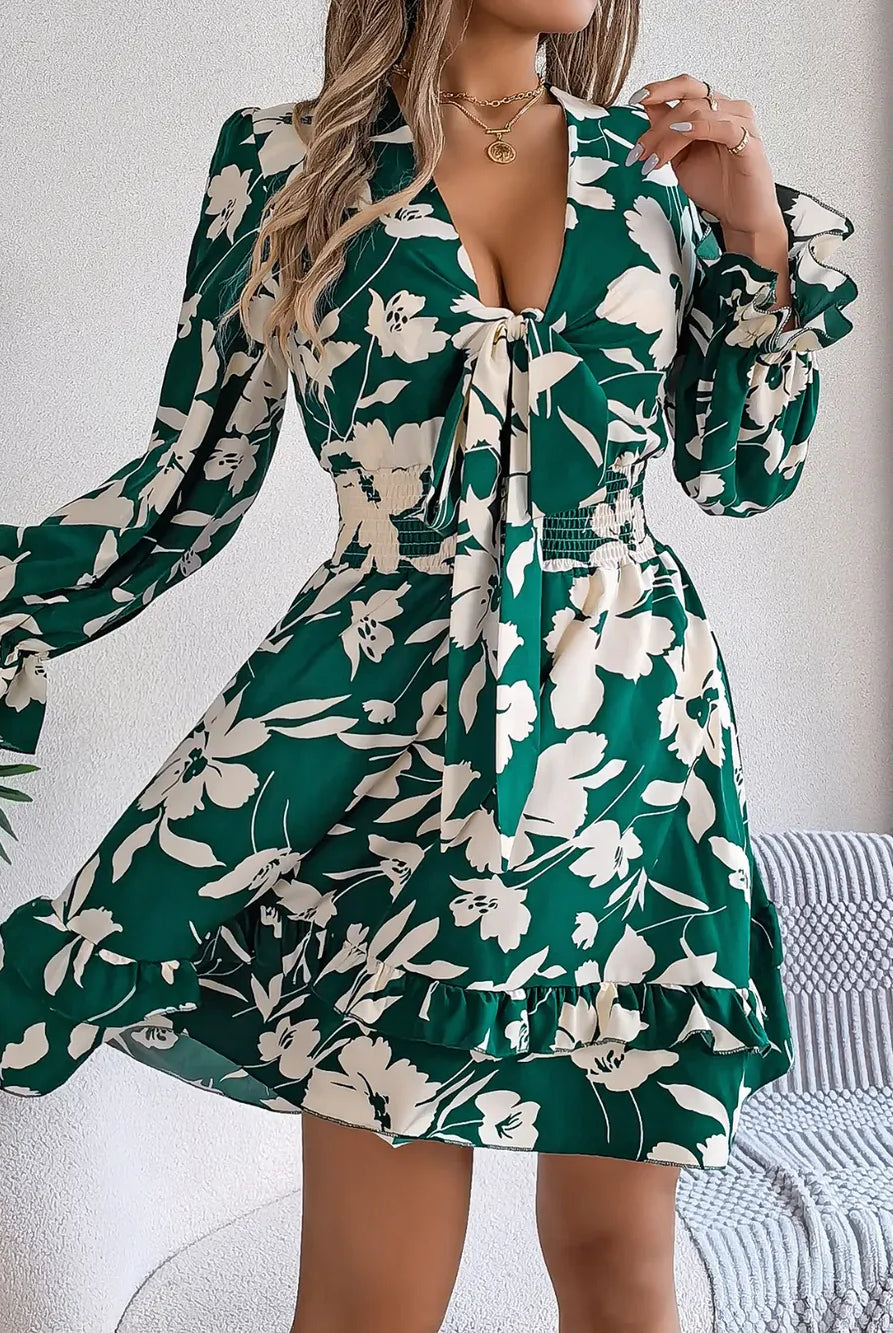 Tied Ruffled Printed Long Sleeve Dress-Krush Kandy, Women's Online Fashion Boutique Located in Phoenix, Arizona (Scottsdale Area)