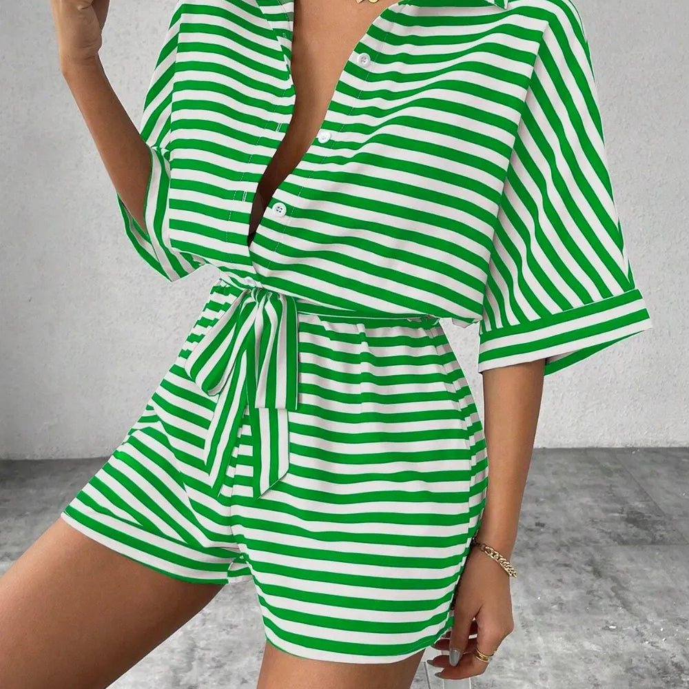 Tie Waist Half Button Striped Romper-Jumpsuits & Rompers-Krush Kandy, Women's Online Fashion Boutique Located in Phoenix, Arizona (Scottsdale Area)