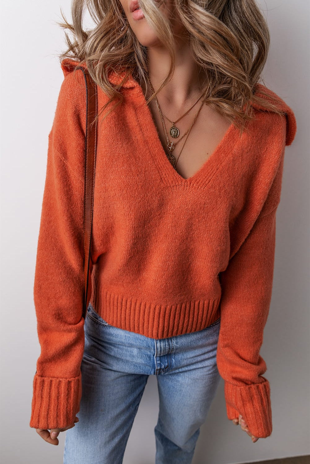 Rust Orange V-Neck Collar Knit Sweater-Sweaters-Krush Kandy, Women's Online Fashion Boutique Located in Phoenix, Arizona (Scottsdale Area)