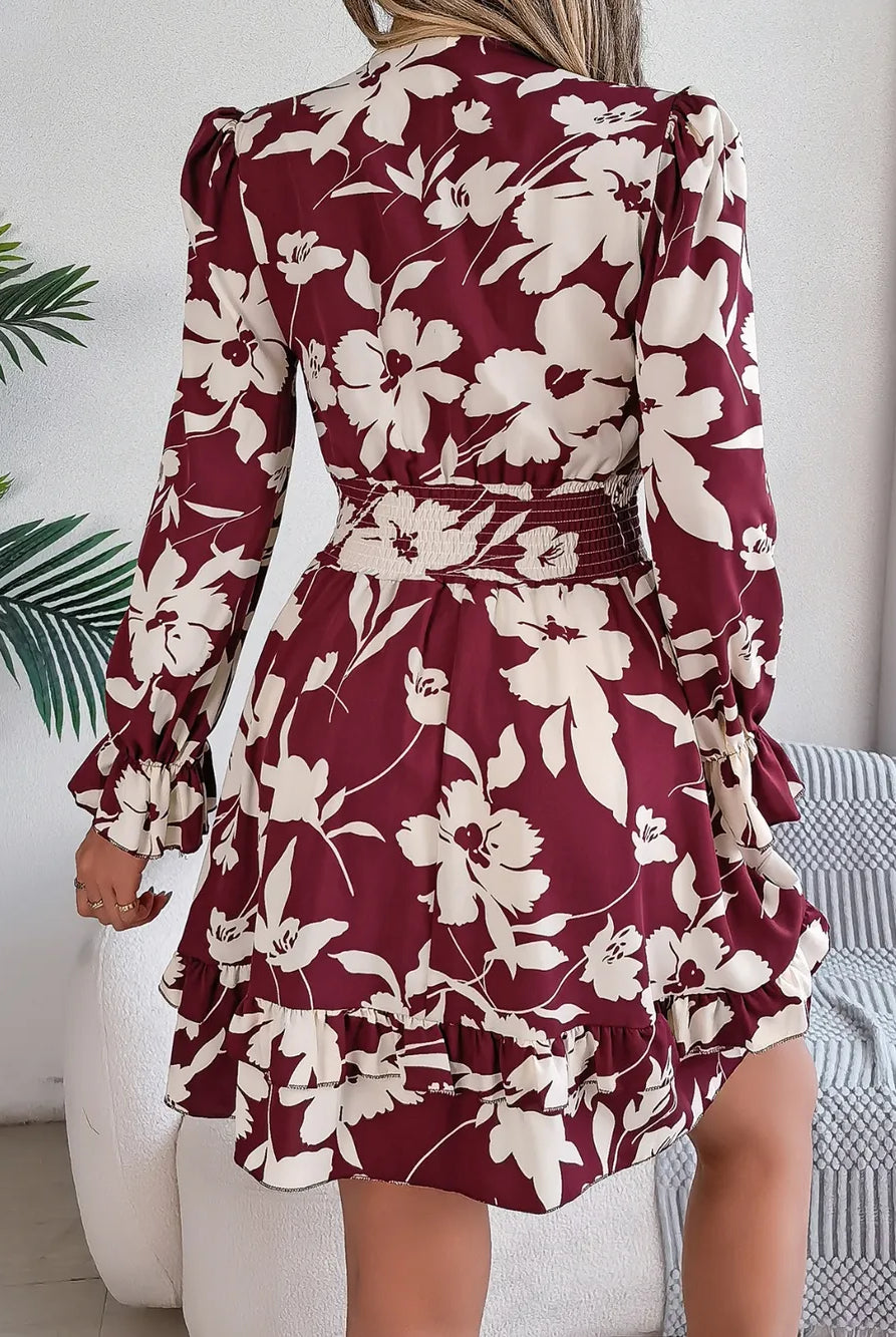 Tied Ruffled Printed Long Sleeve Dress-Krush Kandy, Women's Online Fashion Boutique Located in Phoenix, Arizona (Scottsdale Area)
